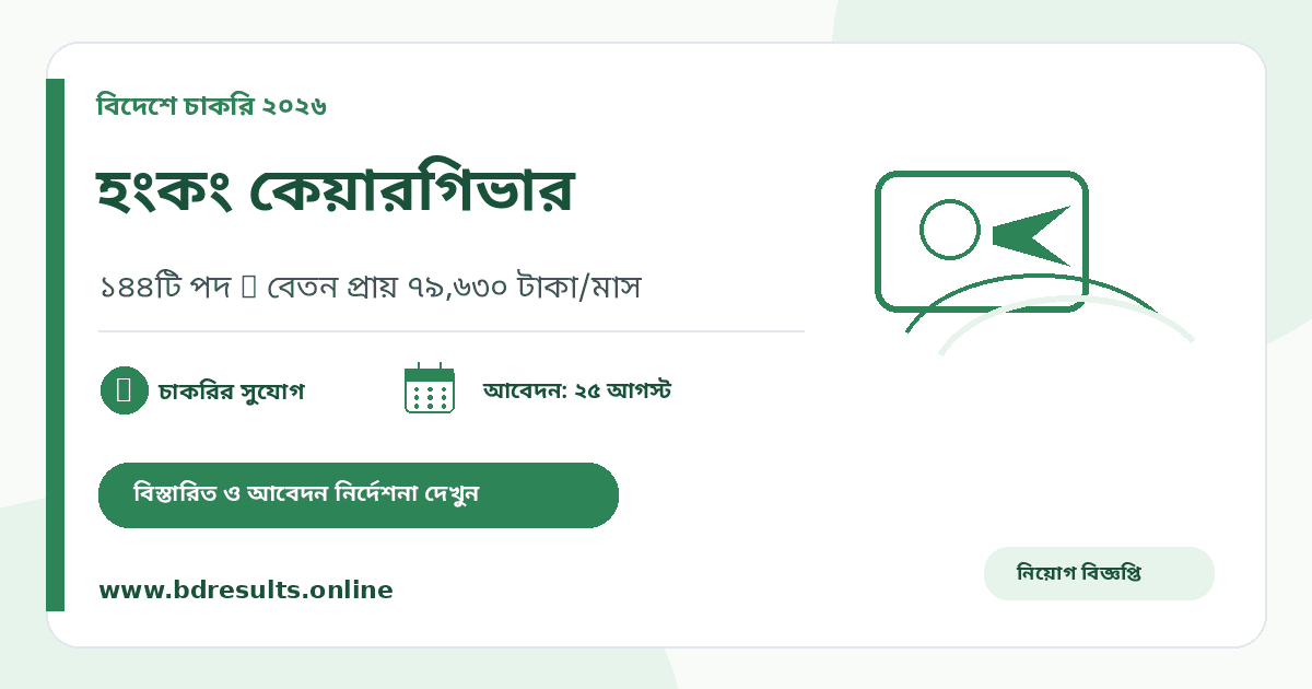 হংকং ডমেস্টিক হেল্পার নিয়োগ বিজ্ঞপ্তি ২০২৬ (বোয়েসেল) — ১৪৪ পদ, বেতন প্রায় ৮০ হাজার টাকা